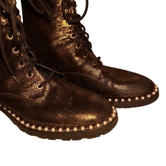 Stuart Weitzman Allie Pearl Combat Boots Metallic Suede Lug Sole 8.5B EU 39 - Picture 4 of 9